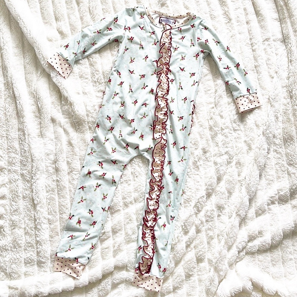 Sweet Honey Dreamer PJs - Ruffled Blue Holly Christmas Pajamas